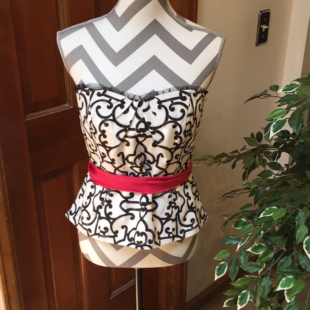 White House Black Market Black and White Strapless Peplum Top